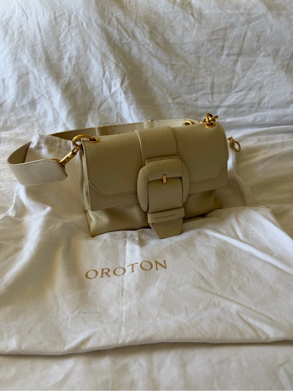 Oroton Neutral Cream Buckle-Front Crossbody Bag